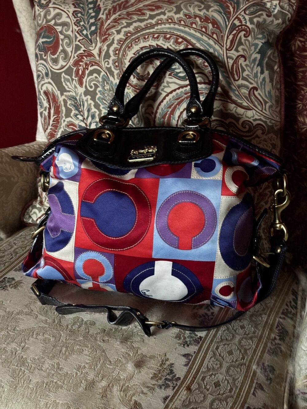 Coach 13253 Madison Op Art Julianne Shoulder Bag Purse Red Blue Purple White